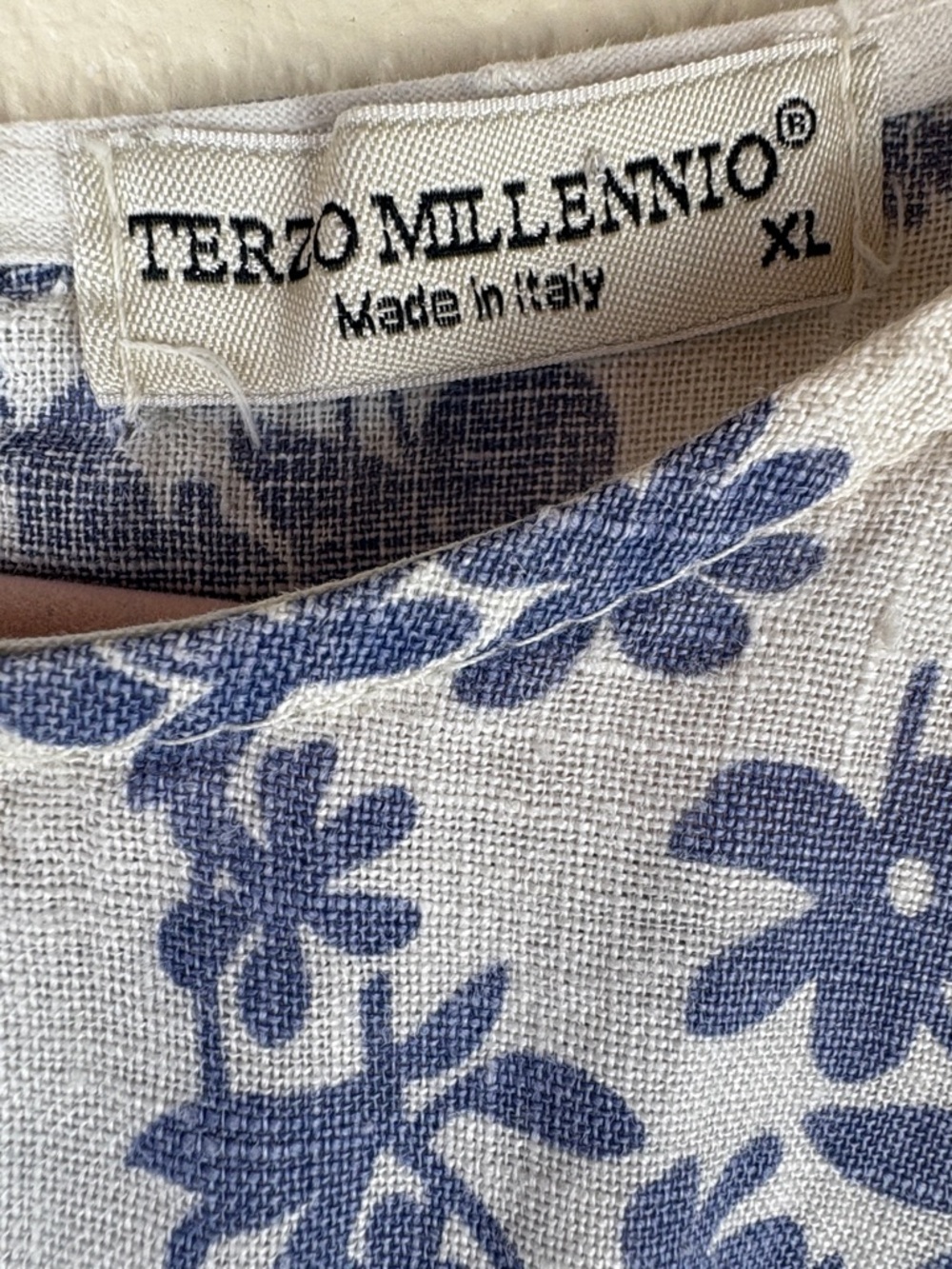 Terzo Millennio Italy 100% Linen Ivory Blue Floral Sleeveless Shift Dress Sz XL - Picture 2 of 14